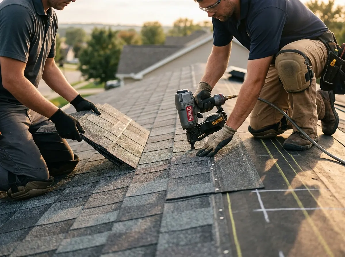 Professional roofer working on a residential roof in Trinity